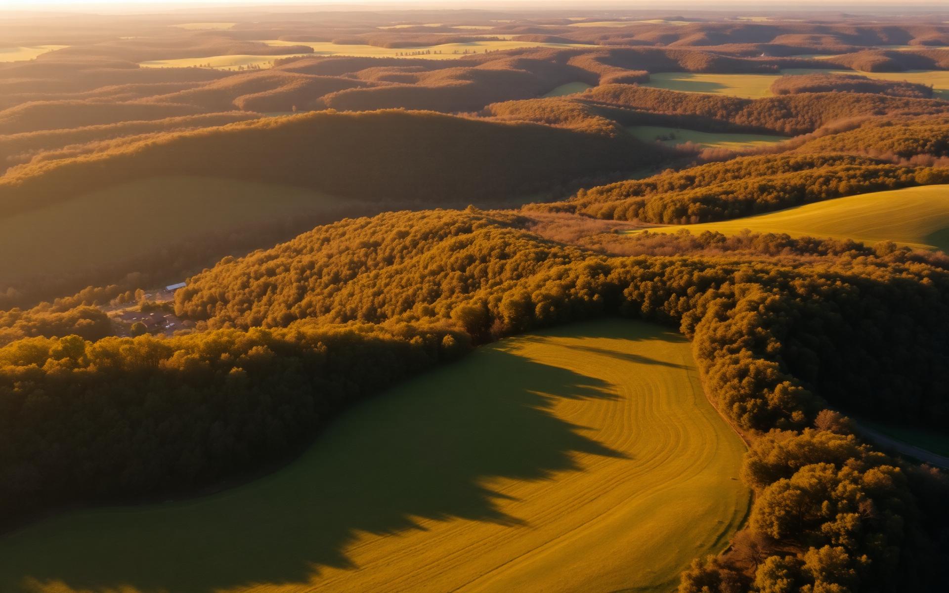 Rolling Arkansas countryside at golden hour